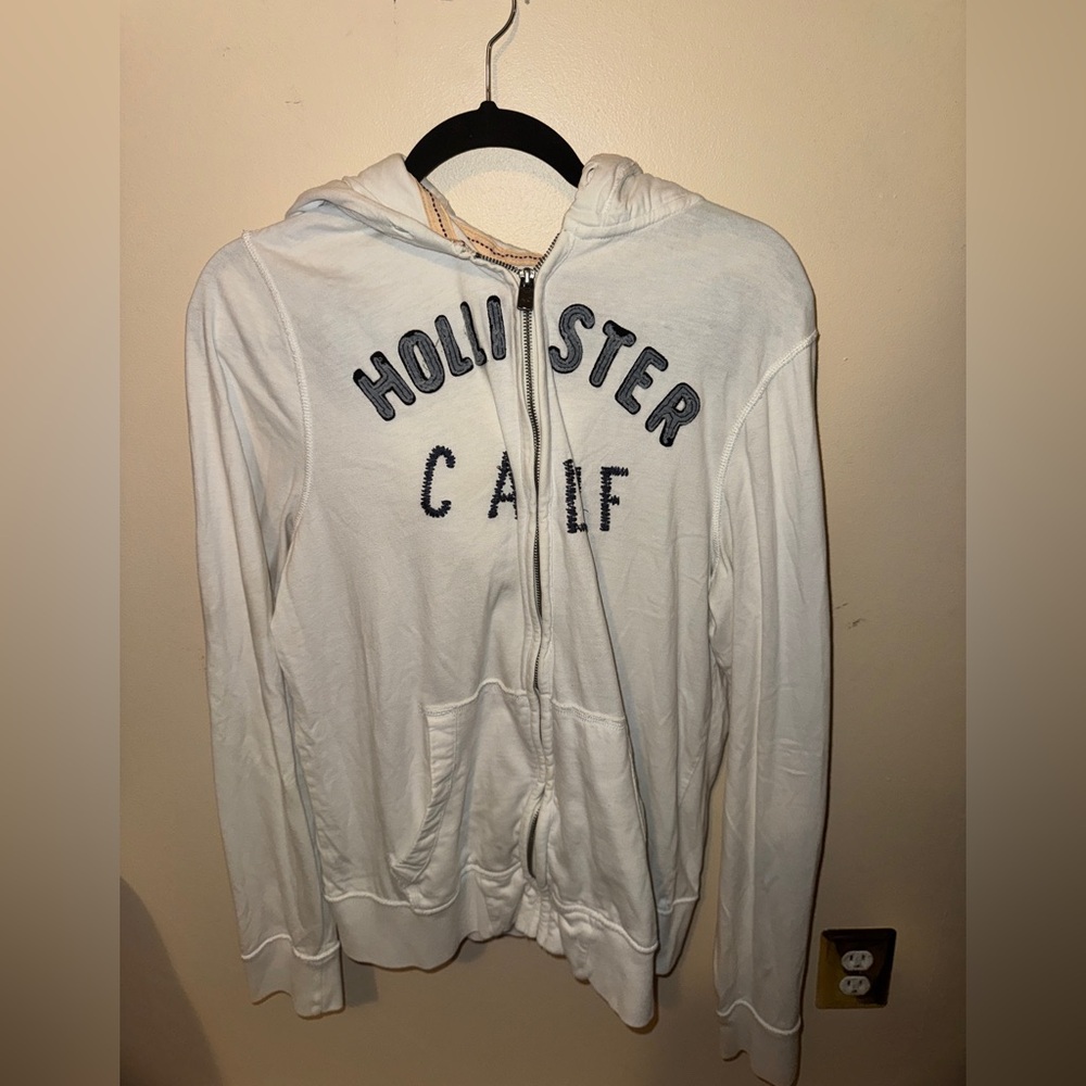 Hollister White Hoodie with Blue Lettering zip up